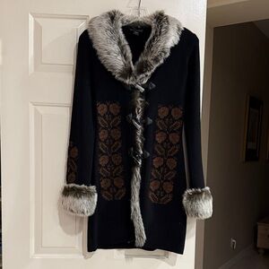 Bebe Black Sweater Coat with Faux Fur Trim and Floral Design. Size S